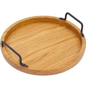 Plateau de service rond en bois de chêne avec poignées métalliques, plateau de petit-déjeuner, plateau pour café au lit, cadeau en bois fait main pour lui ou pour elle, petit-déjeuner au lit - Product Image 1