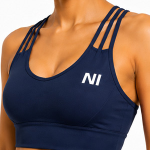 Women Seamless Sports Bra Crisscross Straps Scoop Neck Medium Support Breathable Fitness Workout Top Solid Navy Blue Nofyan Ind - Product Image 5