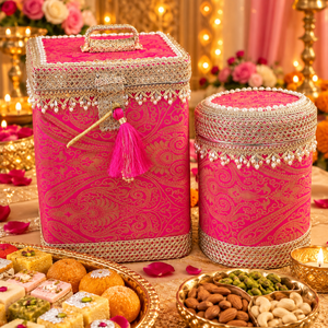 Boîte à Bhaji de mariage en acier inoxydable, boîte à bonbons avec tissu décoratif et dentelle dorée pour cadeaux de mariage, cadeaux festifs - Product Image 1