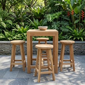 Eleve las reuniones al aire libre con el moderno juego de bar KAG TAB35 de teca reciclada, que incluye taburetes duraderos y una elegante mesa para sala de estar. - Product Image 5