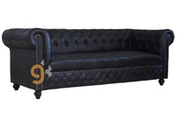 Meuble de salon trois places en cuir véritable noir à boutons tuftés de style midseasons, canapé Chesterfield pour la maison et le Bar