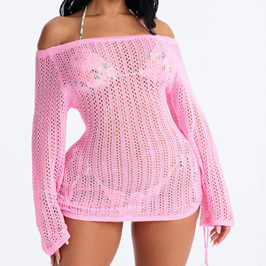 High Quality Pink Off-The-Shoulder Knit Sweater Dress With Hollow Out Design Long Sleeve <b>Mini</b> Vacation Style Sheer <b>Mini</b> Dress - Product Image 1