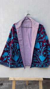 Velvet Mandarin Collar Eco-Friendly Woven Loose Fit Casual Dress Blue Floral Embroidery Vintage Suzani Handmade - Product Image 4