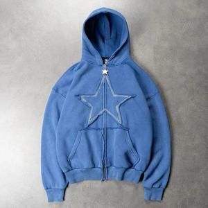 Sweat à capuche personnalisé patchwork avec broderie, effet vieilli, délavé à l'acide, délavé soleil, zippé, avec strass, LOGO OEM - Product Image 1