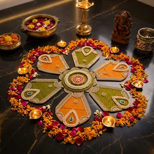 Rangoli traditionnel en forme de fleur pour la décoration intérieure de Diwali, entrée, 100% fait main, en tissu et métal, écologique, artistique, pour bougies chauffe-plat - Product Image 5