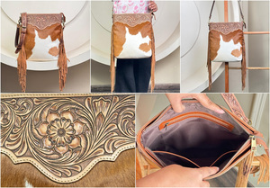 Mode dames frange usiné à la main en cuir sac à bandoulière grande capacité en cuir de vachette véritable conception florale sac à main pour femmes - Product Image 3