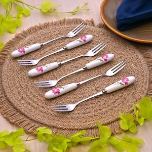 Chic Set of 6 Ceramic Rosebud <b>Forks</b> Stainless Steel Handle for Dessert Fruit for Home Restaurant Use Great for Back to School - Product Image 1