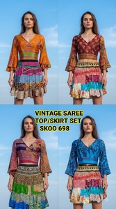 Indian Simple Modern Boho Design Vintage Silk Saree 2-Piece Top Set <b>Skirt</b> Women Lace Zippers Button Digital <b>Printing</b> Washable - Product Image 2