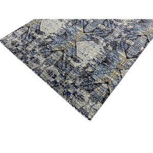 Tapis en laine et soie noué à la main, bleu cobalt gris, motif géométrique en losanges, petit tapis d'appoint - Product Image 5