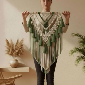 งานตกแต่งผนังแบบมาคราเม่สีขาวและสีเขียว สำหรับตกแต่งพื้นที่ทำงาน ห้องเรียน และการตกแต่งภายในสไตล์โมเดิร์น ขายส่งจากอินเดีย - Product Image 6