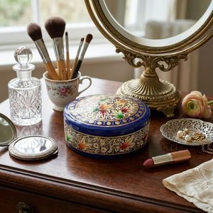 Premium Handcrafted Round Paper Mache Keepsake <b>Box</b> Crimson Floral Tapestry Traditional Kashmiri Indian Artisan <b>Gift</b> - Product Image 1