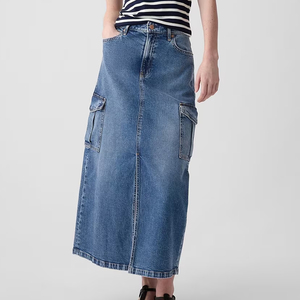 Jupe en jean de haute qualité 2024 pour femme, taille haute, fente latérale, longue, ample, décontractée, en denim, coupe droite, 100% coton, grandes tailles, OEM - Product Image 3