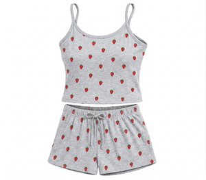 Ensemble 2 pièces tricoté uni pour femme, haut et short au-dessus du genou, pyjama décontracté d'été, respirant, 100 % polyester, vêtements de nuit - Product Image 1
