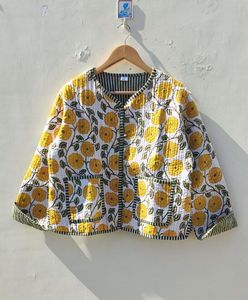Hand Block Print Cotton Quilted <b>Jacket</b>: Bohemian Floral Coat - Product Image 1