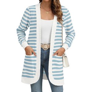 Custom Soft Acrylic Winter <b>Cardigans</b> Blue White Striped Casual Twin Pockets Comfortable Loose Fit <b>Women</b> Sweaters - Product Image 1
