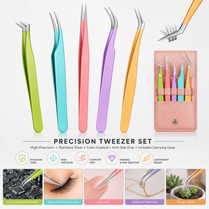 Pinzas de extensión de pestañas de volumen curvo recto alto de precisión, 5 uds., embalaje personalizado, pinzas de pestañas de acero inoxidable para - Product Image 1