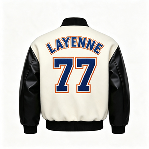 LAYENNE Giacca Varsity Personalizzata di Alta Qualità per <span class=keywords><strong>Uomo</strong></span>, Streetwear con Ricamo in Ciniglia e Maniche in <span class=keywords><strong>Pelle</strong></span>, Giacca Baseball Letterman - Product Image 2