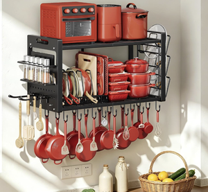 Étagère murale robuste en métal pour organiser les casseroles et les poêles, avec support pour couvercles et 8 séparateurs réglables, 2 niveaux. - Product Image 2