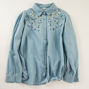 Women's Single-Breasted <b>Top</b> Embroidered Washed Denim Long-Sleeved Shirt Fashion - Product Image 6