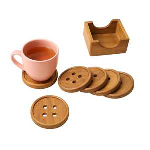 Juego de Posavasos Clásicos de Madera de Acacia Natural Hechos a Mano - Juego de 4 Posavasos Marrones con Diseño de Botón - Ecológicos y Duraderos - Product Image 3