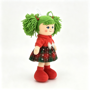 customized Christmas plush rag <b>doll</b>, green yarn pigtail girl <b>doll</b>, holiday plaid skirt stuffed <b>doll</b>, red top cloth <b>doll</b> - Product Image 1