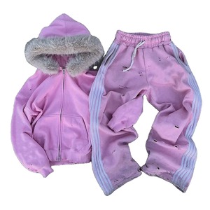 Custom Unisex Y2K Streetwear Acid Wash Printed <b>Pink</b> Distressed Hoodie Set Wide Leg Sweatpants Faux Fur Trim Full Zip <b>Tracksuit</b> - Product Image 1