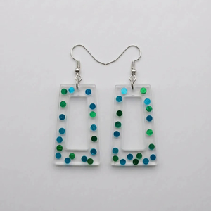Modern <b>Clear</b> <b>Resin</b> Earrings With Blue Green Dots Handmade Geometric Design Statement Jewelry - Product Image 1