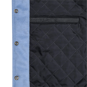 Veste d'hiver pour homme sur mesure en laine bleu ciel avec manches en cuir blanc, col montant, broderies, patchs et étiquettes - Product Image 3