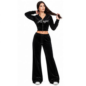 <b>Women's</b> Black <b>Velvet</b> Hooded <b>Tracksuit</b> Set Full Sleeve Zipper Front Glitter Angel Print Casual Loose Fit Autumn Wear - Product Image 5