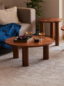 Modern Round Wood Coffee <b>Table</b> Set <b>Nesting</b> Minimalist Living Room Furniture Solid Wood Base - Product Image 2
