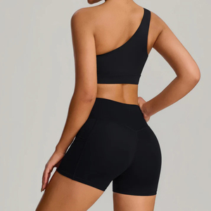 Women's Casual Seamless 2-Piece Yoga Set Black <b>High</b> Waist Shorts Strapless Crop Top Asymmetric Design Polyester/Cotton Summer - Product Image 6
