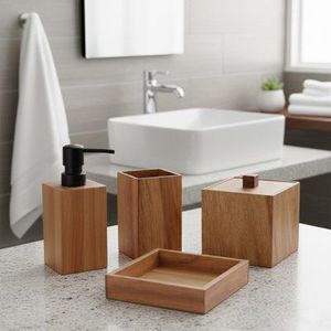 Modern Wooden Bathroom Organizer Set With <b>Soap</b> <b>Dispenser</b> <b>Toothbrush</b> <b>Holder</b> <b>And</b> Coordinated Vanity Countertop Accessories - Product Image 4