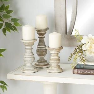 S/3 blanc lavé finition bougeoir en bois piliers bougies en métal pots lanternes pour la décoration de la maison pour la vaisselle salon - Product Image 1