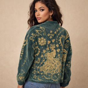 Green Velvet Autumn Jacket Reversible Quilted Sheep Skin Leather Custom Logo Floral Boho Outerwear Full Sleeve O-Neck Collar - Product Image 4