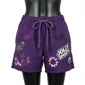 Shorts de baño para mujer de algodón y poliéster de 300 GSM, diseño tie-dye morado, lavado desgastado, con logo personalizado. - Product Image 4