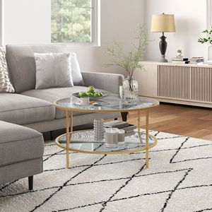Tavolo rotondo a 2 livelli con piano in vetro temperato e struttura in acciaio come tavolino da divano o mobili di accento per soggiorno - Product Image 2