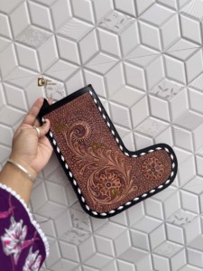 Hand Tooled Leather Christmas Stocking For Family Genuine Leather Christmas <b>Tree</b> Fireplace Hanging and Party Decoration Gift <b>Bag</b> - Product Image 5