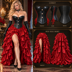 Body de Corsé Gótico Rojo de Seda con Encaje y Falda Entrenada, Vestido Sexy de Reina Vampiro con Característica Transpirable - Product Image 2