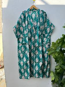 Bird Print Cotton Kimono Robe Bohemian Bridal Loungewear Dressing Gown - Product Image 2