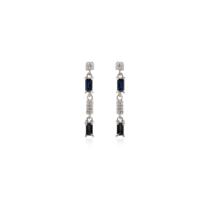 Trendy Women's 925 Sterling <b>Silver</b> <b>Dangle</b> <b>Earrings</b> Natural Baguette Blue Sapphire & Round Diamond Fine Jewelry Wholesale - Product Image 1
