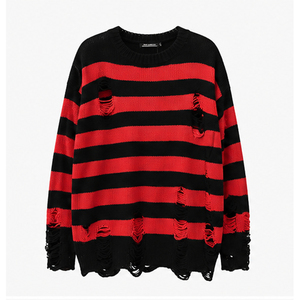 Pull tricoté d'hiver pour homme 2026, noir et rouge, à manches longues, avec trous déchirés, 100 % coton, séchage rapide, respirant - Product Image 1