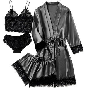 Conjunto de Bata de Satén para Mujer, 4 Piezas, con Encaje, Lencería Sexy, Largo hasta la Rodilla, Manga Tres Cuartos, Color Negro Sólido - Product Image 1
