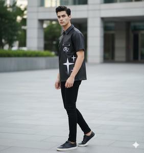 Camisa de Cuero Sintético para Hombre, Estilo Urbano, con Estampado Gráfico, Cierre Frontal con Cremallera, Estilo Casual Biker, Tejido de Punto Corto, Primavera 2026, Alta Calidad - Product Image 3