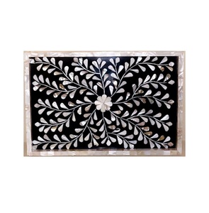 Plateau élégant en nacre, artisanat MOP, plateau de service à dîner, design feuille, noir et blanc, organisateur de rangement, plateau de qualité supérieure - Product Image 1