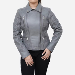 Veste moto en cuir PU gris pour femme, manches longues, col montant, fermeture éclair, pour l'automne - Product Image 6