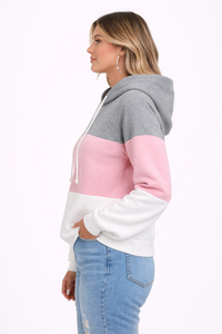 Women Grey Pink Colorblock Hoodie Sweatshirt Casual <b>Long</b> <b>Sleeve</b> Drawstring Hooded Pullover <b>Top</b> Soft Cotton Blend Winter Autumn - Product Image 2