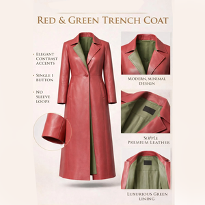 Elegante Gabardina Roja con Forro Verde Suave, Corte Minimalista, Abrigo Largo de Cuero - Product Image 5