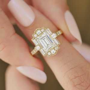 2mm Art Deco Engagement <b>Ring</b> 14K Solid Gold <b>Emerald</b> Princess Baguette Round Lab Grown Diamond Luxury Wedding Anniversary Jewelry - Product Image 4