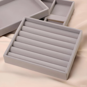 Plateau de rangement rectangulaire en bois pour bijoux, empilable, pour bagues et boucles d'oreilles, gris, insert de présentation de bijoux, organisation de coiffeuse - Product Image 2