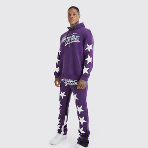 Survêtement à capuche imprimé étoiles violettes pour homme, streetwear, ensemble en coton long, coupe ample, tenue décontractée d'automne - Product Image 1